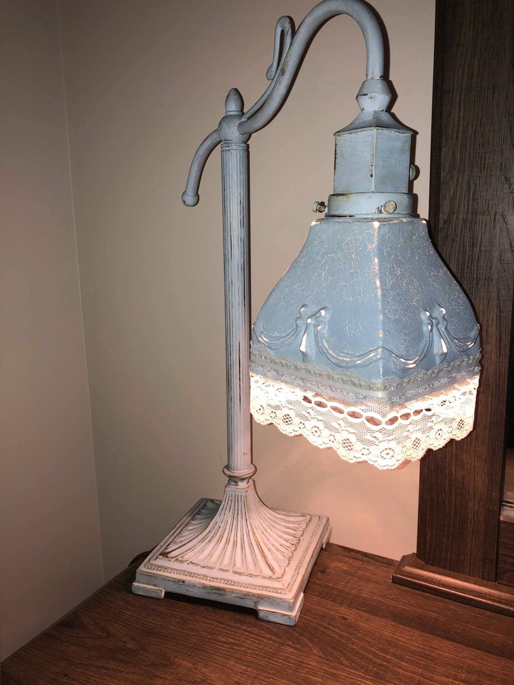 Vintage Style Blue Table Lamp with Lace Trim